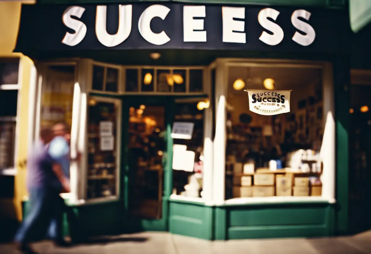 Successful local business storefront with a 'Success' banner and customers.