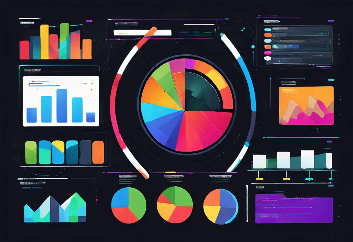 Graphic showing SEO analytics and performance metrics with colorful charts on a dark background.
