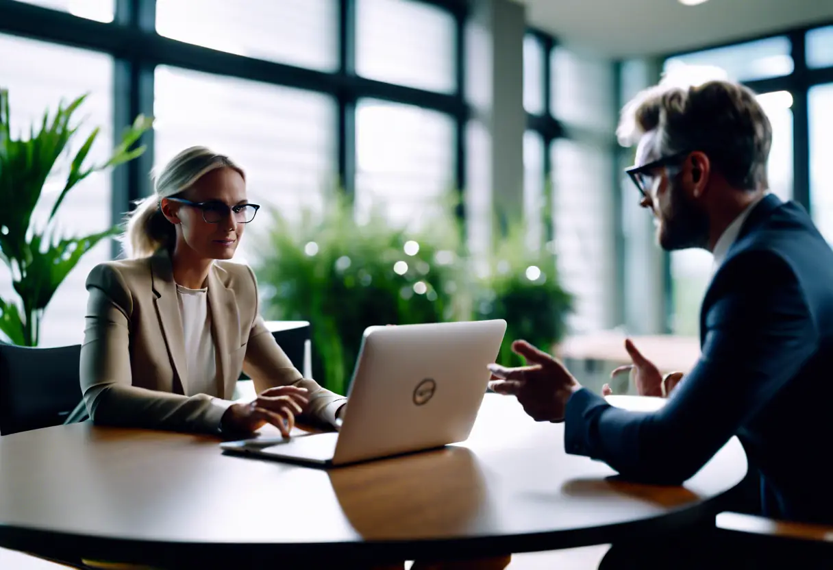 Marketing consultant working closely with a client, discussing strategies and analyzing data.