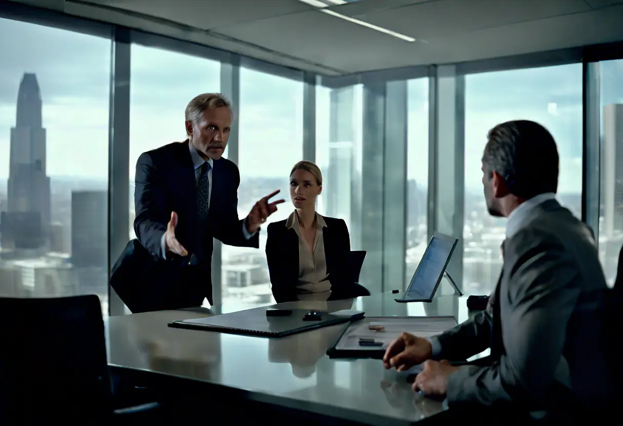 A consultant discussing strategies with a client in a modern office setting.