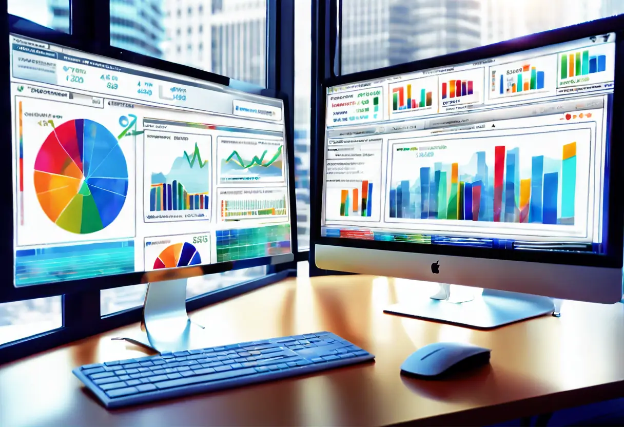 SEO analytics on a computer screen showing graphs and charts of keyword performance and search rankings.